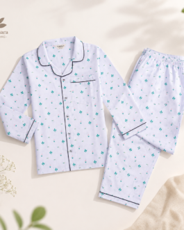 Muladhara Kids White Floral Print Full-Sleeve Cotton Night Suit Set