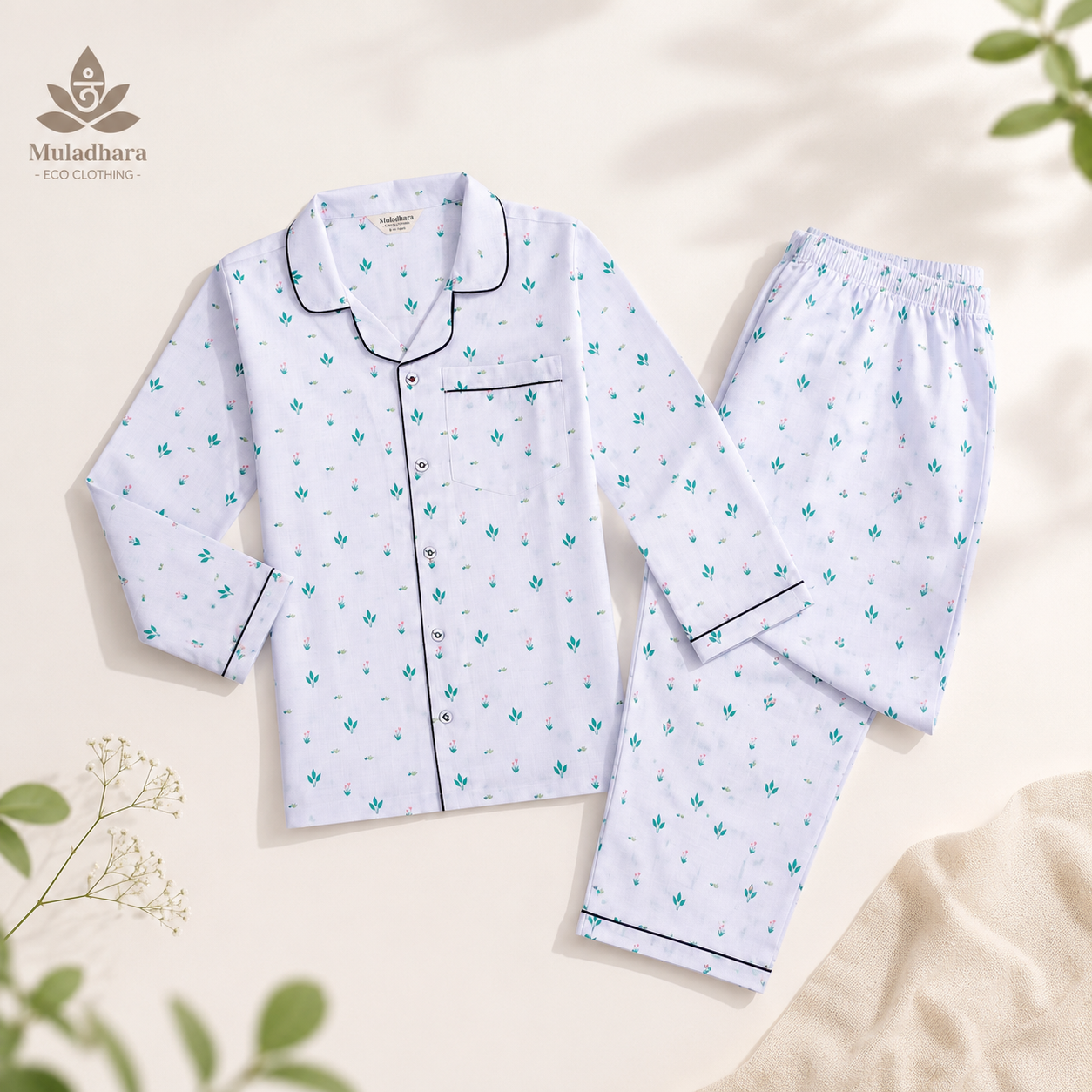 Muladhara Kids White Floral Print Full-Sleeve Cotton Night Suit Set