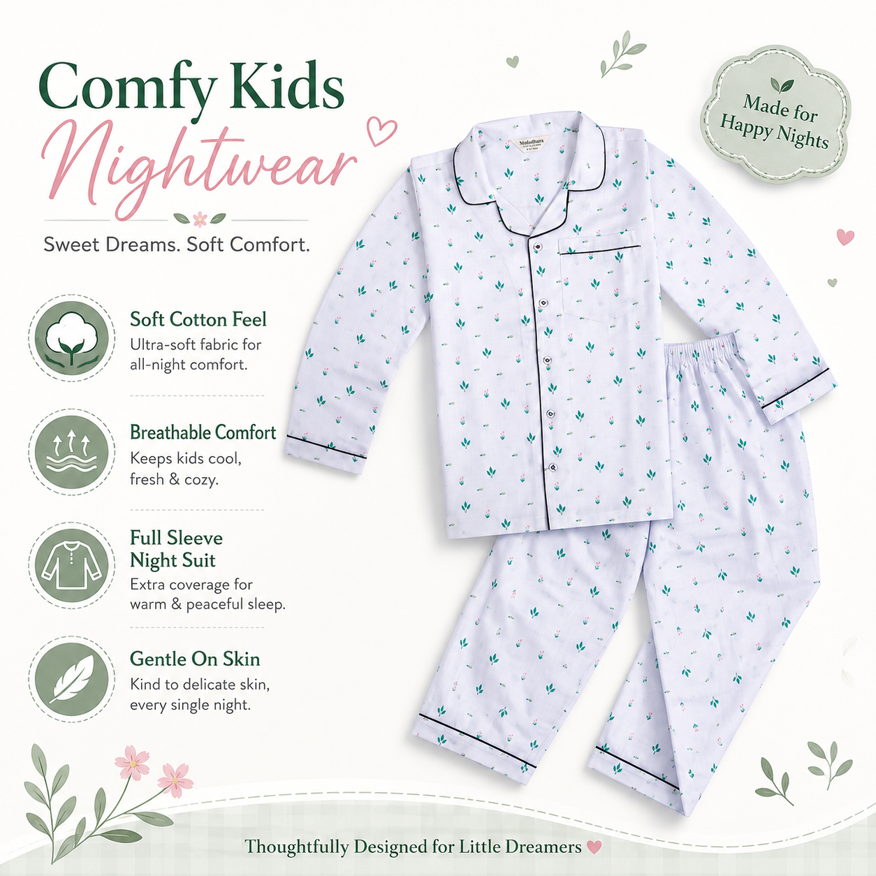 Muladhara Kids White Floral Print Full-Sleeve Cotton Night Suit Set - Image 2