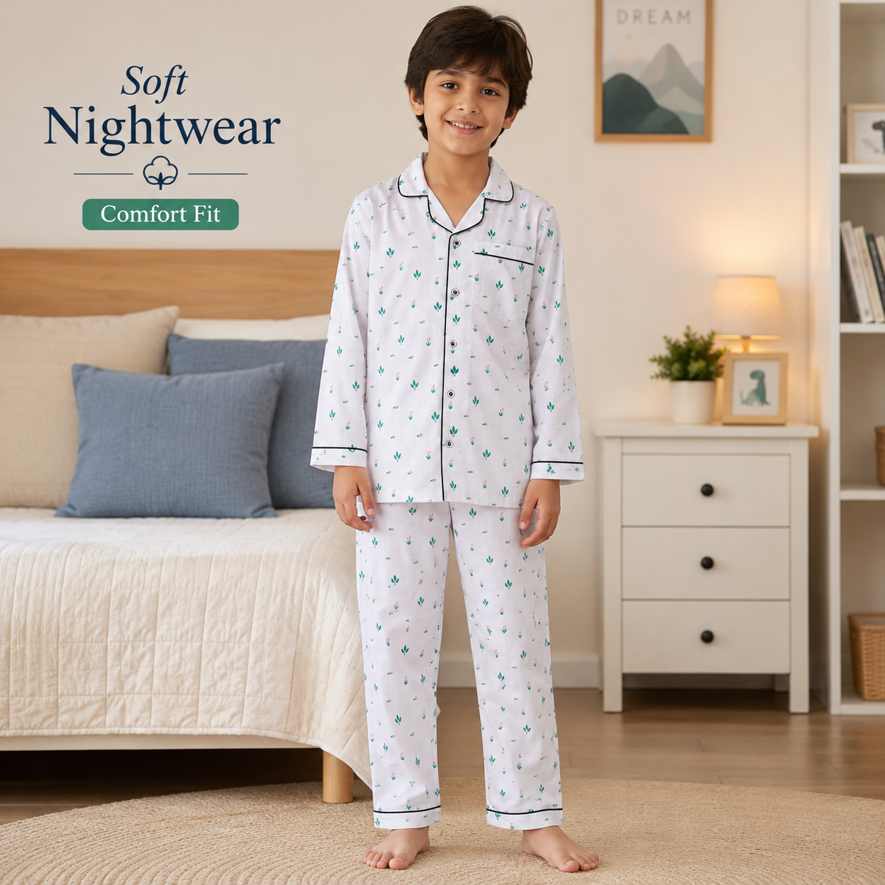 Muladhara Kids White Floral Print Full-Sleeve Cotton Night Suit Set - Image 3
