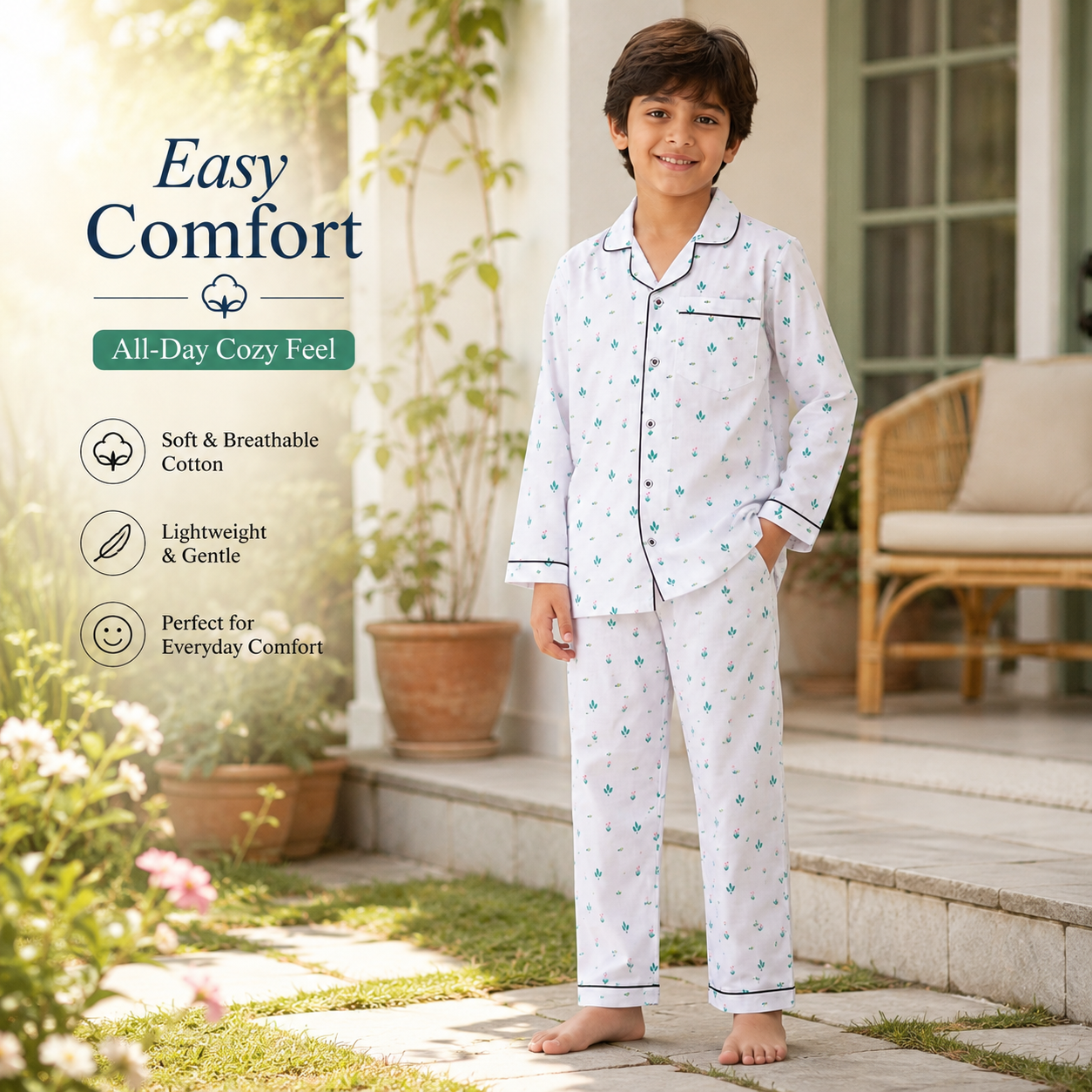 Muladhara Kids White Floral Print Full-Sleeve Cotton Night Suit Set - Image 4