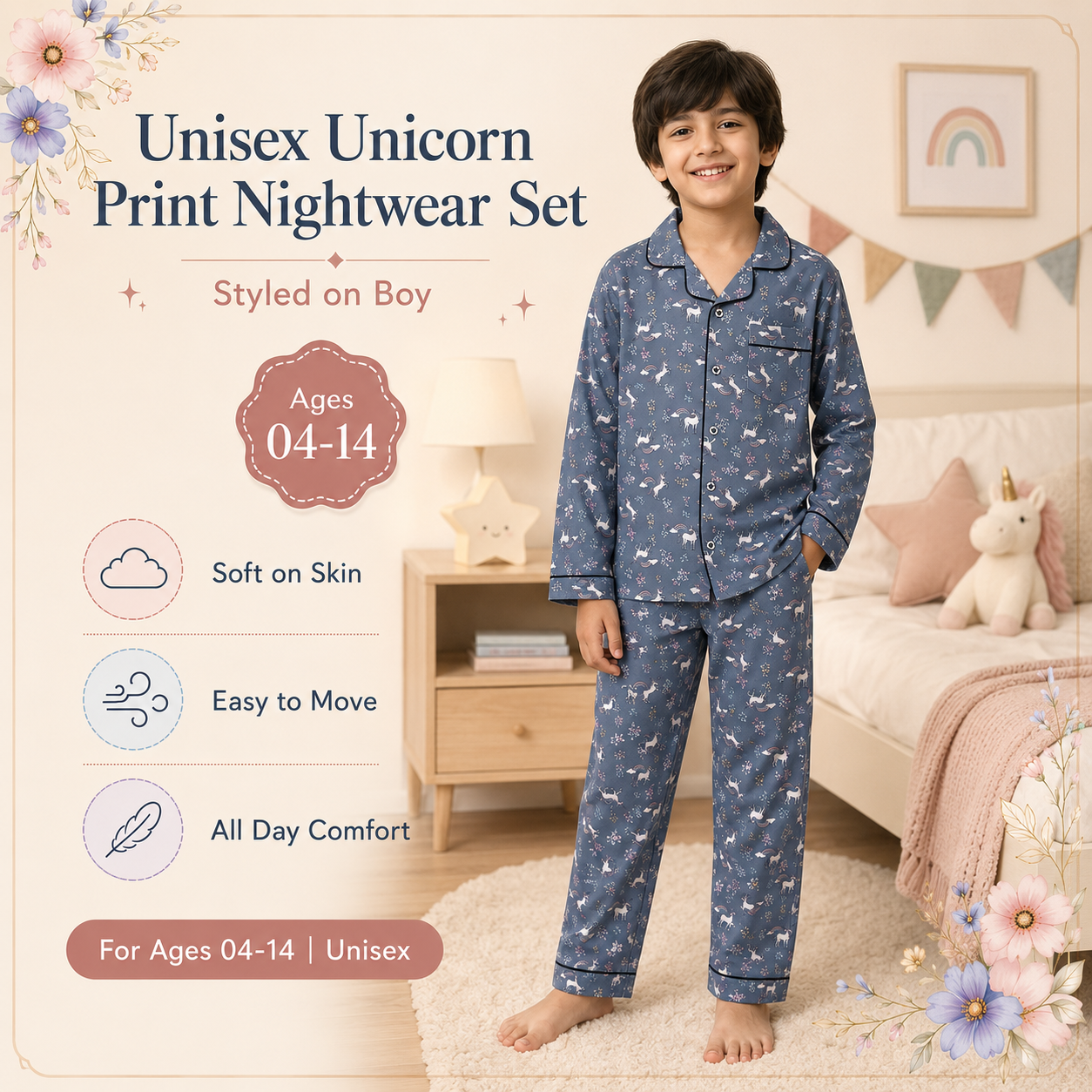 Muladhara Kids Unisex Slate Blue Unicorn Print Full-Sleeve Night Suit Set - Image 4