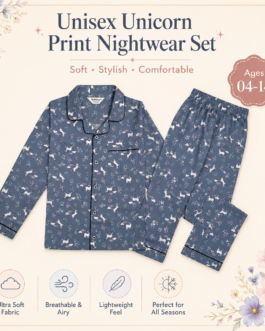 Muladhara Kids Unisex Slate Blue Unicorn Print Full-Sleeve Night Suit Set