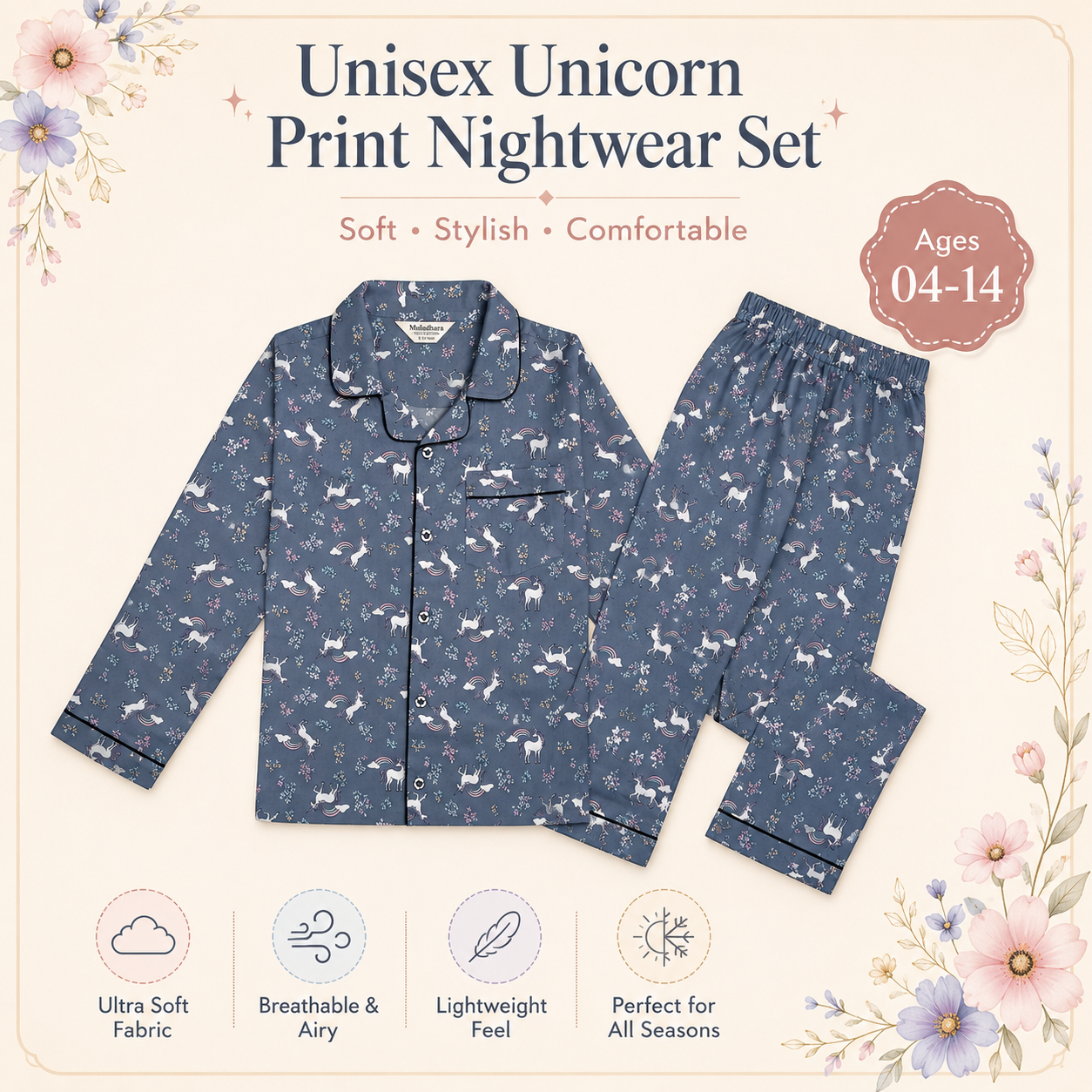 Muladhara Kids Unisex Slate Blue Unicorn Print Full-Sleeve Night Suit Set