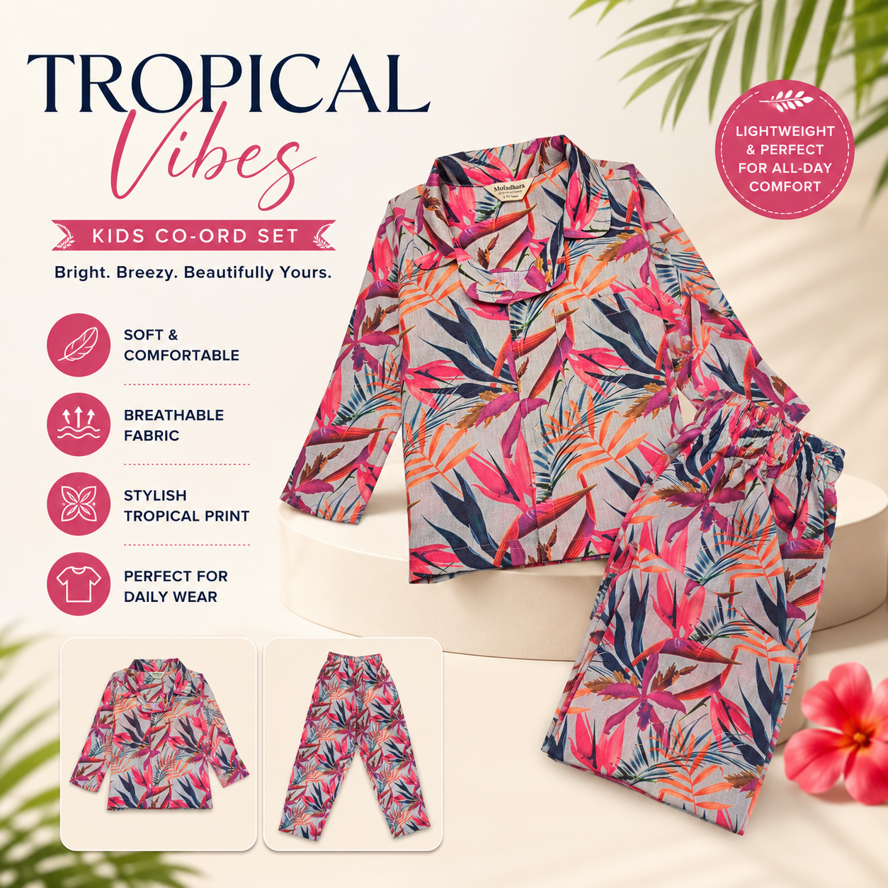 Muladhara Girls Tropical Floral Cotton Night Suit Set - Image 2