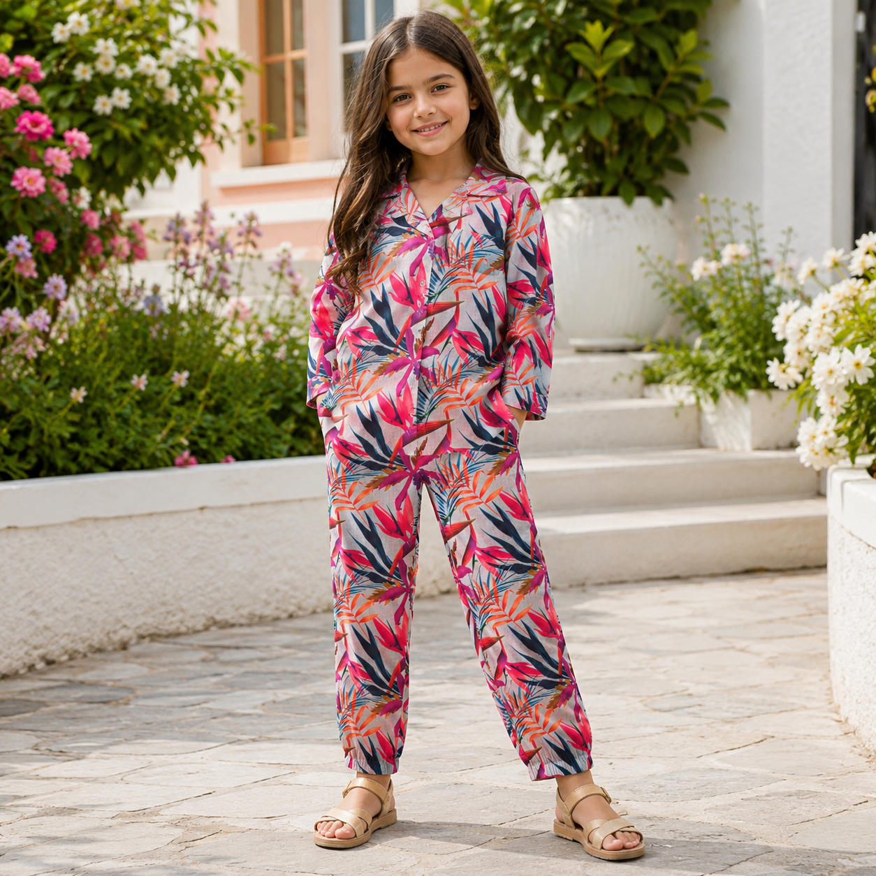 Muladhara Girls Tropical Floral Cotton Night Suit Set - Image 3