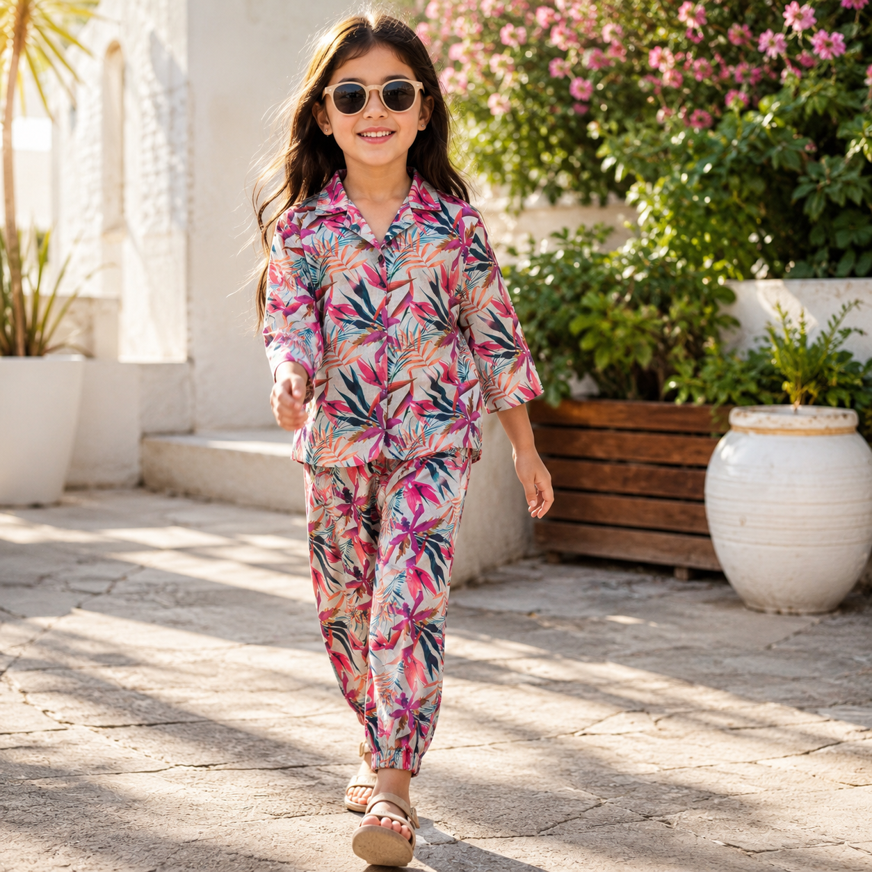 Muladhara Girls Tropical Floral Cotton Night Suit Set - Image 4