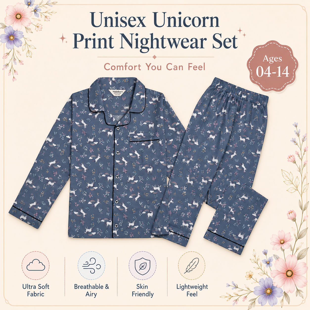 Muladhara Kids Unisex Slate Blue Unicorn Print Full-Sleeve Night Suit Set - Image 2