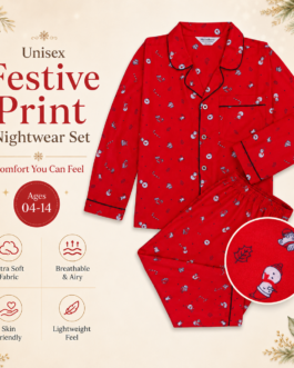 Muladhara Kids Unisex Red Festive Print Full-Sleeve Night Suit Set