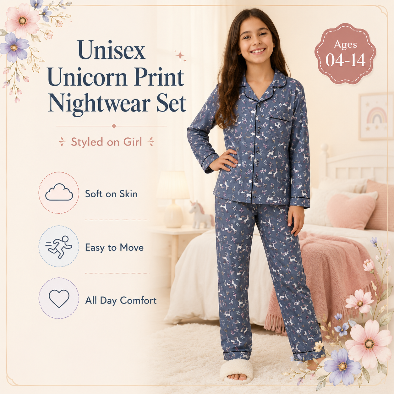 Muladhara Kids Unisex Slate Blue Unicorn Print Full-Sleeve Night Suit Set - Image 3