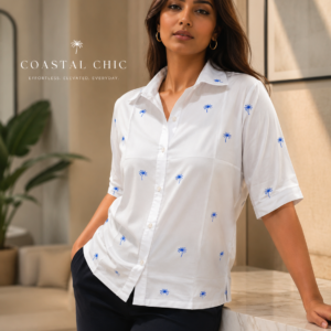 Muladhara Women’s White Rayon Relaxed Fit Shirt with Electric Blue Palm Tree Embroidery