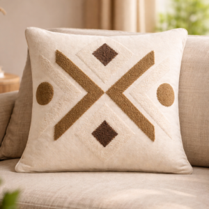 Beige Brown Terry Aari Embroidered Cushion Cover | Muladhara Eco Clothing