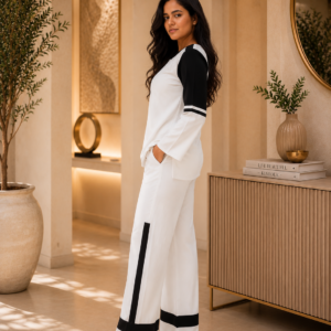 White & Black Colour Block Relaxed Fit Co-Ord Set