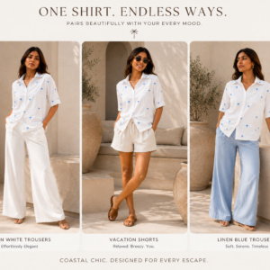 Muladhara Women’s White Rayon Relaxed Fit Shirt with Electric Blue Palm Tree Embroidery