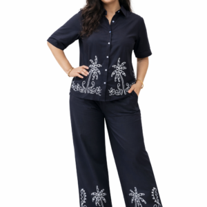 Muladhara Eco Clothing Women’s Black Embroidered Co-ord Set – Palm Tree Shirt & Wide Leg Pant Lounge Wear