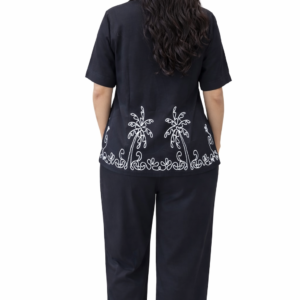 Muladhara Eco Clothing Women’s Black Embroidered Co-ord Set – Palm Tree Shirt & Wide Leg Pant Lounge Wear
