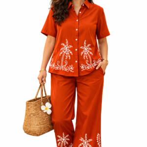 Muladhara Eco Clothing Women’s Rust Orange Embroidered Co-ord Set – Palm Tree Shirt & Wide-Leg Pant Resort Wear