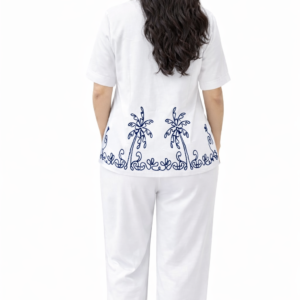 Muladhara Eco Clothing Women’s White Embroidered Co-ord Set – Blue Palm Tree Shirt & Wide-Leg Pant Resort Wear