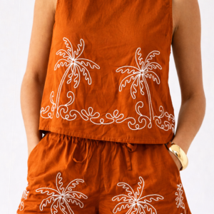 Muladhara Eco Clothing Women’s Rust Orange Embroidered Shorts Co-ord Set – Sleeveless Palm Tree Top & Shorts Lounge Wear