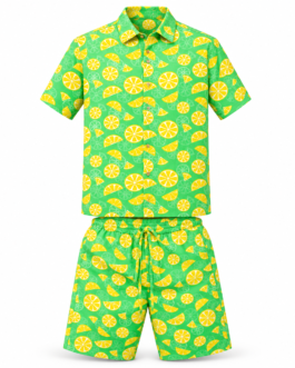 Muladhara Men’s Lemon Print Poplin Co-Ord Set | Half Sleeve Shirt & Shorts | Vacation & Resort Wear