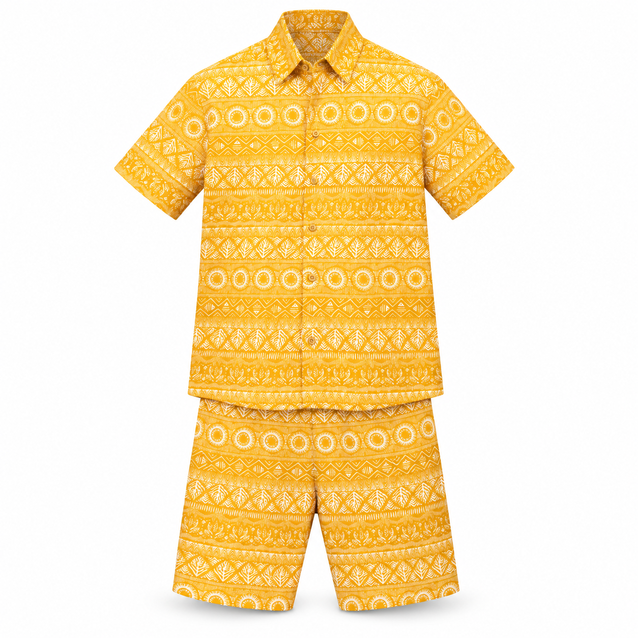 Muladhara Men's Premium Cambric Cotton Printed Co-Ord Set | Half Sleeve Shirt & Shorts | Tribal Print | Casual & Resort Wear