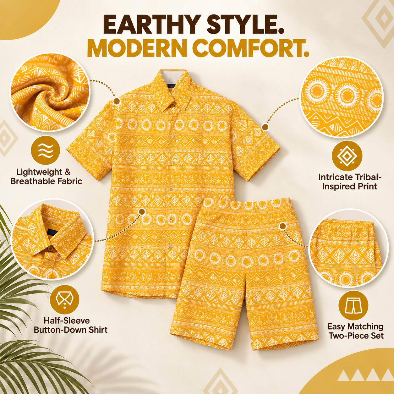 Muladhara Men's Premium Cambric Cotton Printed Co-Ord Set | Half Sleeve Shirt & Shorts | Tribal Print | Casual & Resort Wear - Image 4