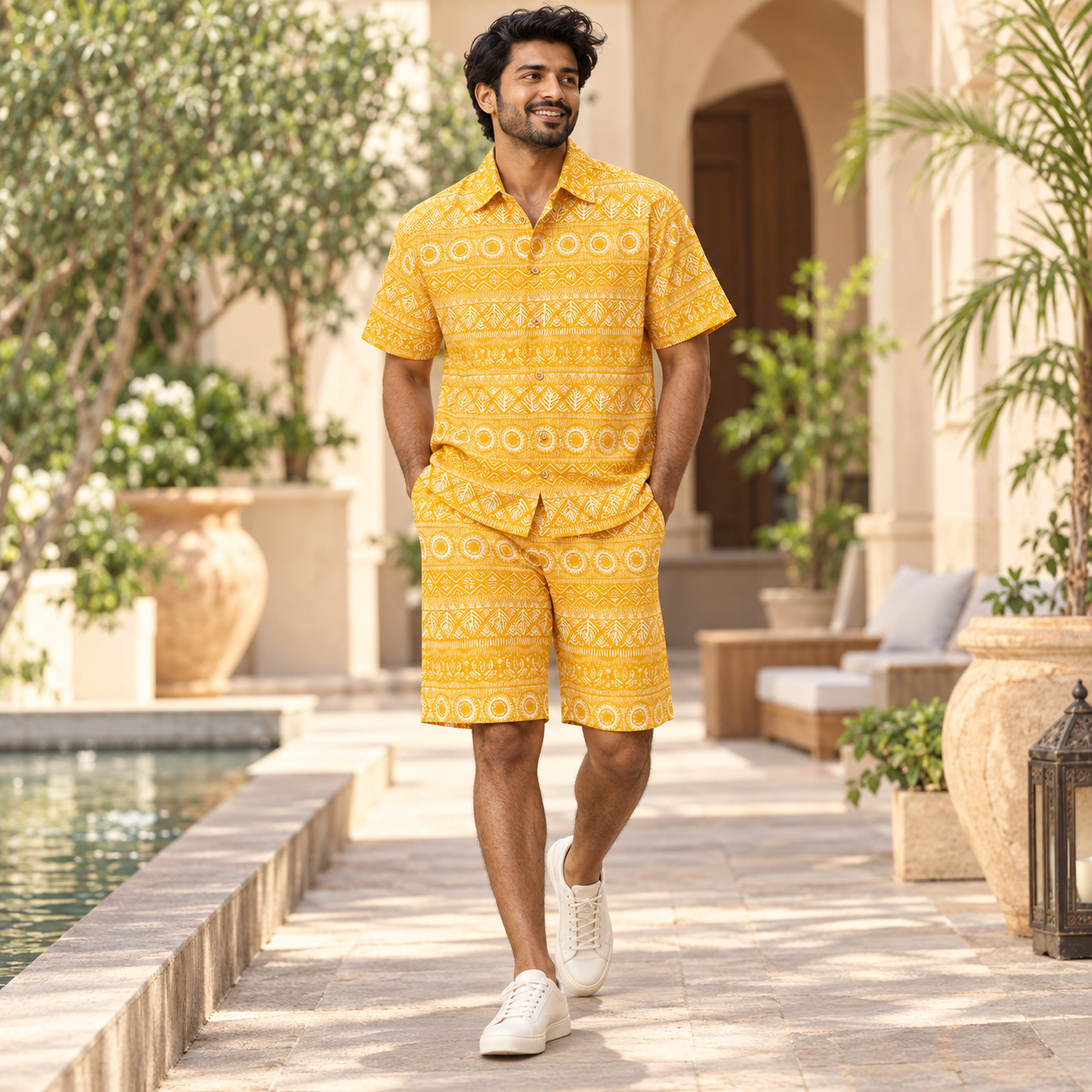 Muladhara Men's Premium Cambric Cotton Printed Co-Ord Set | Half Sleeve Shirt & Shorts | Tribal Print | Casual & Resort Wear - Image 2