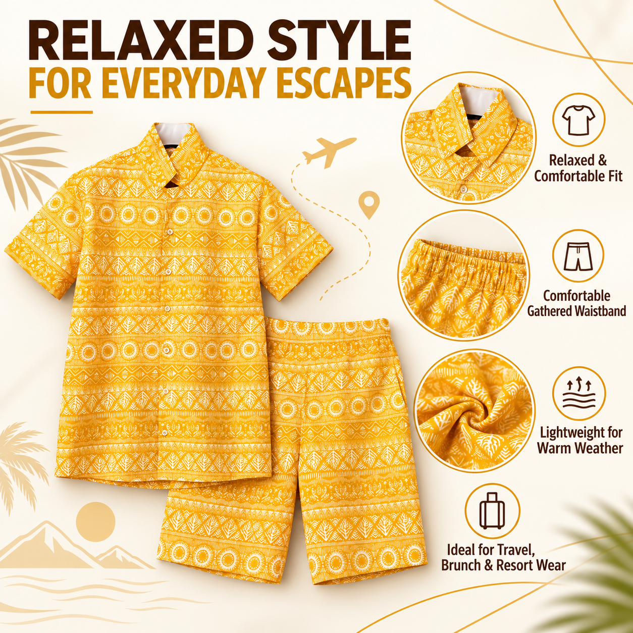 Muladhara Men's Premium Cambric Cotton Printed Co-Ord Set | Half Sleeve Shirt & Shorts | Tribal Print | Casual & Resort Wear - Image 3