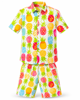 Muladhara Men's Premium Cambric Cotton Pineapple Print Co-Ord Set | Half Sleeve Shirt & Shorts | Tropical Resort Wear